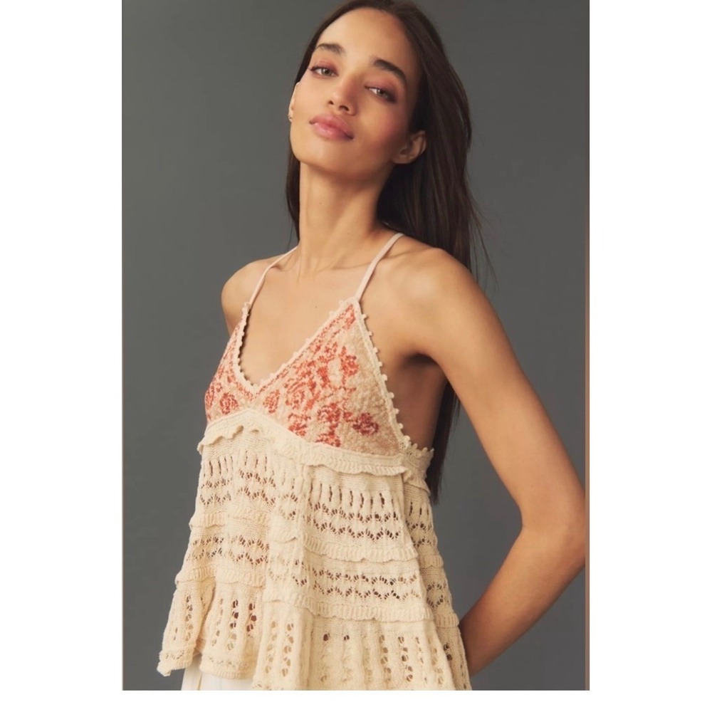 Anthropologie Floral Crochet Babydoll Sweater Tank Large Boho Cottagecore